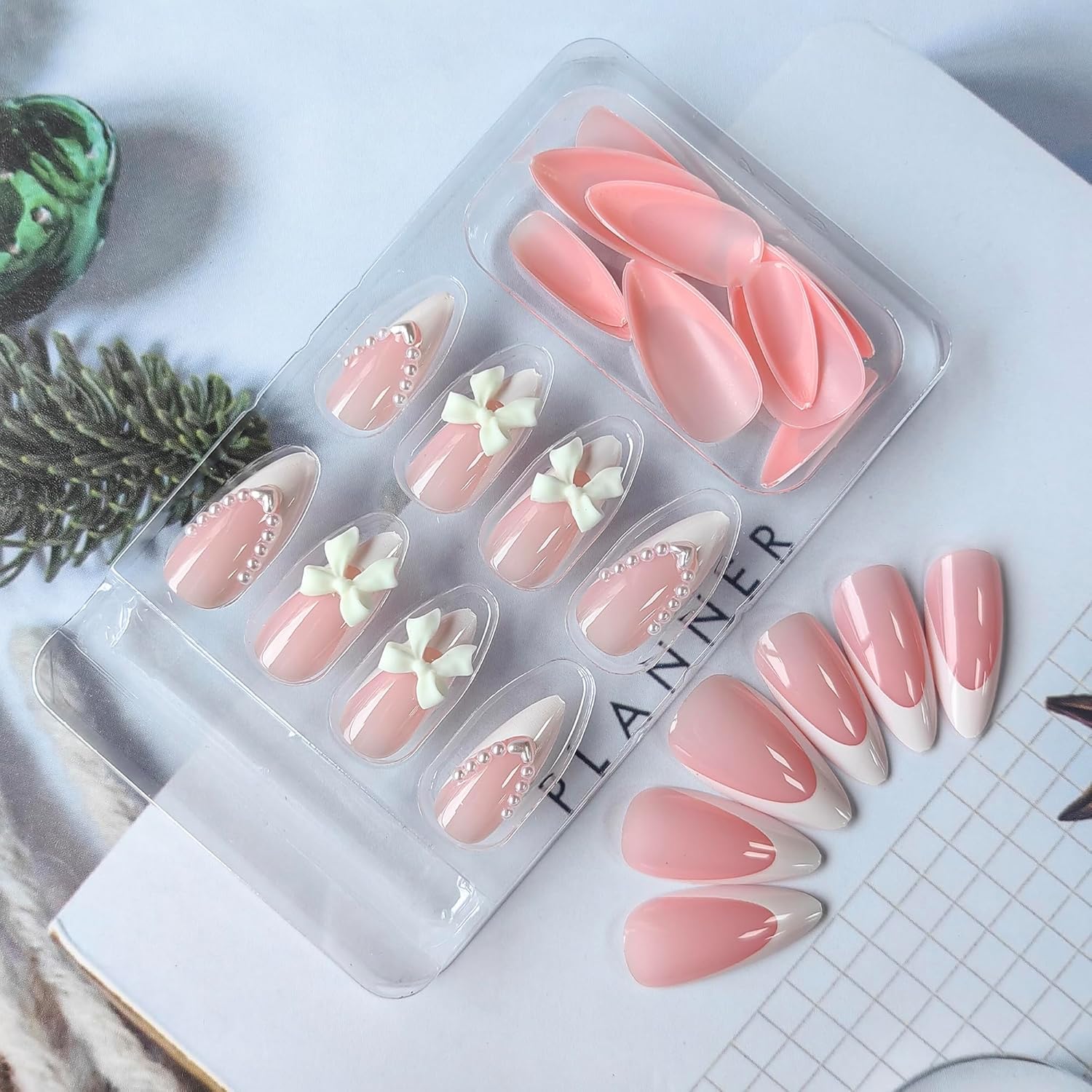 GHER 24 Reusable Artificial Fake Nail Set |Base peach colour with White Bow Design Glossy Nails | Lightweight & Long Lasting| Quick Fix For Festivals & Special Occasions