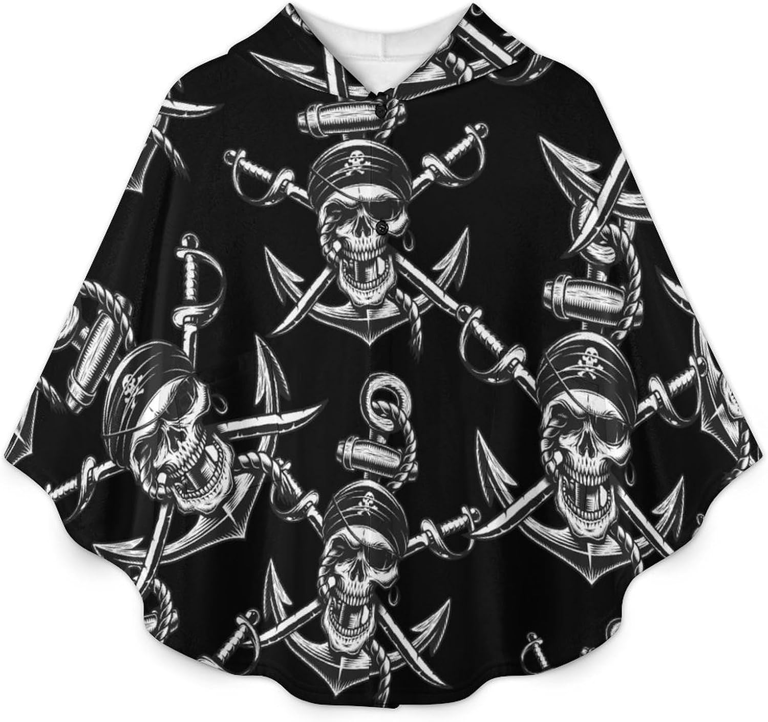 Pirate Skull Swords Anchorss Wearable Blanket with Hooded Flannel Blankets Cape with Pocket