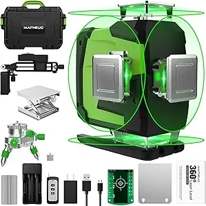 16 Line Laser Level, MAITHEUO 4x360 4D Green Cross Line Self-Leveling Laser Level, 2x 360 Vertical and 2x 360 Horizontal Laser Level,with Remote Control,Li-ion Batteries, Stand and Hard Carry Case