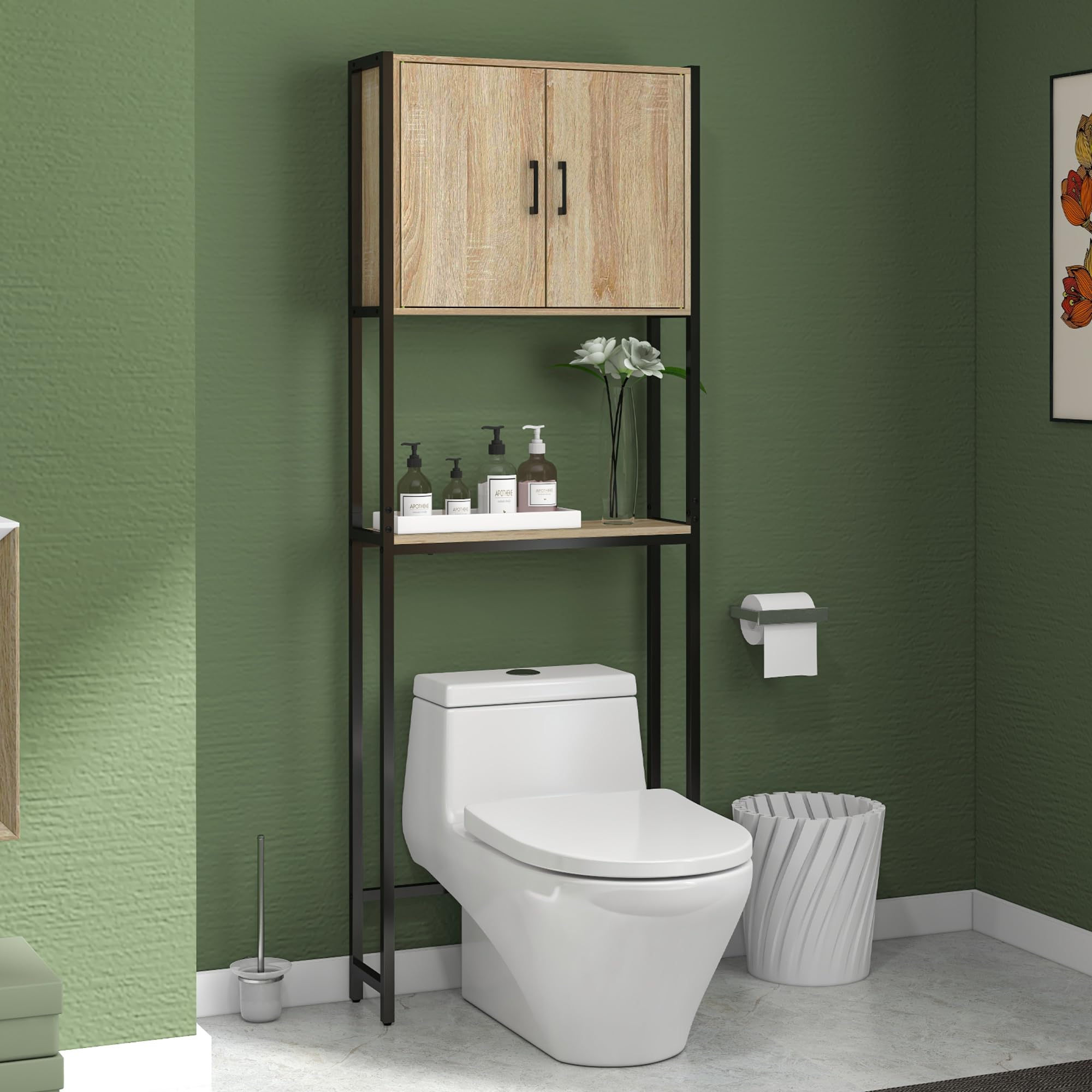 kleankin Mueble sobre Inodoro, Organizador sobre WC con 2 Puertas, Estante Ajustable, Estante Abierto, Estantería de Baño Encima WC para Espacio Pequeño, 64x19x178 cm, Natural