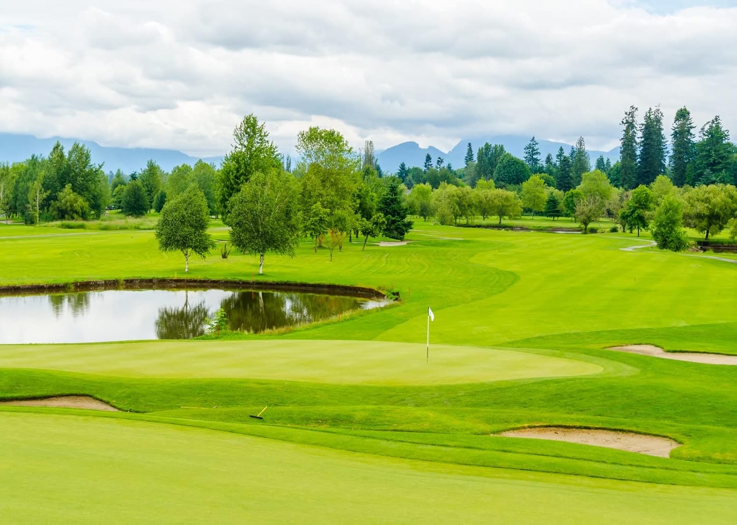 Fabric 10x6.5ft Golf Course Backdrop Blue Sky White Clouds Green Grass Trees Lawn Pond Photography Background Golf Sports Party Decorations Holiday Vacation Birthday Banner Photo Studio Props
