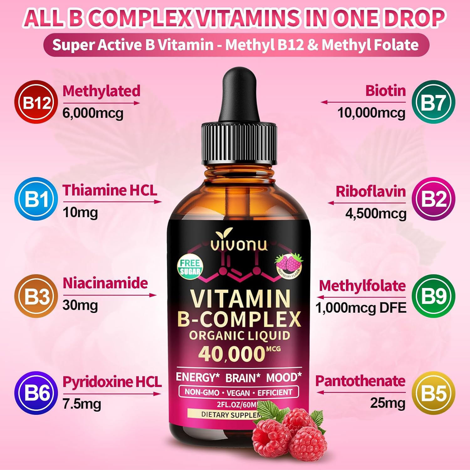 VivoNu Vitamin B Complex Liquid Drops, Methylated Vitamin B12 6000 mcg, B1, B6, B3, B5, B2, Folate, Biotin with Vitamin C D A E, Magnesium, Zinc, CoQ10 for Energy, Raspberry Flavor B Complex Vitamins - Image 3