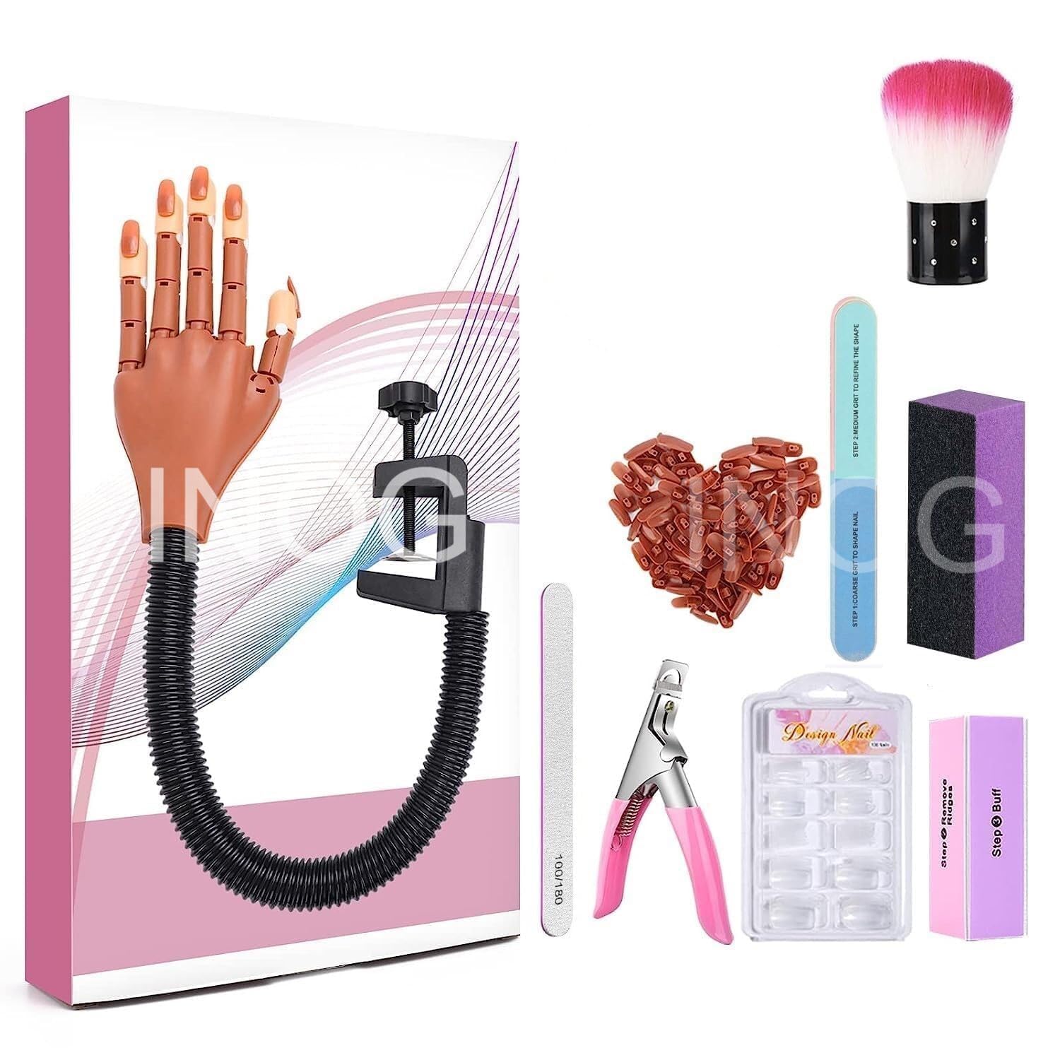 INOG Practice Hand Kit for Acrylic Nails, Flexible Nail Practice Hands Training Kits, Movable Nail Maniquin Hand for Nails Practice with 200PCS Nail Tips, File, Buffer, Brush and Clipper-image-43