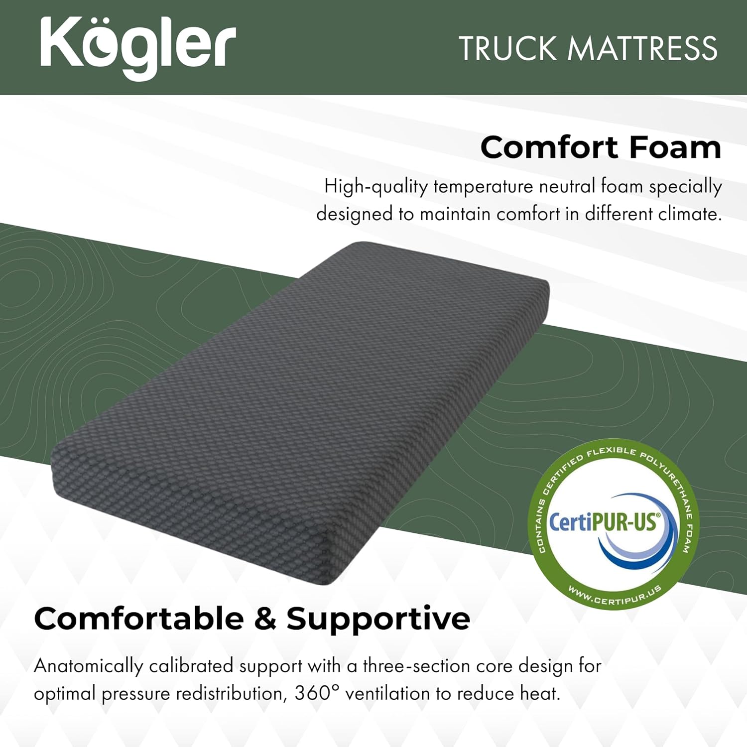 Kogler 7" Gel-Infused Memory Foam RV Mattress with Cloth Cover and Standard Pillow, Compact Camper and Travel Trailer Bed Mattress for RV Bunks, Firm Foam Support, Compressed in a Box, Gray, 30x72x7