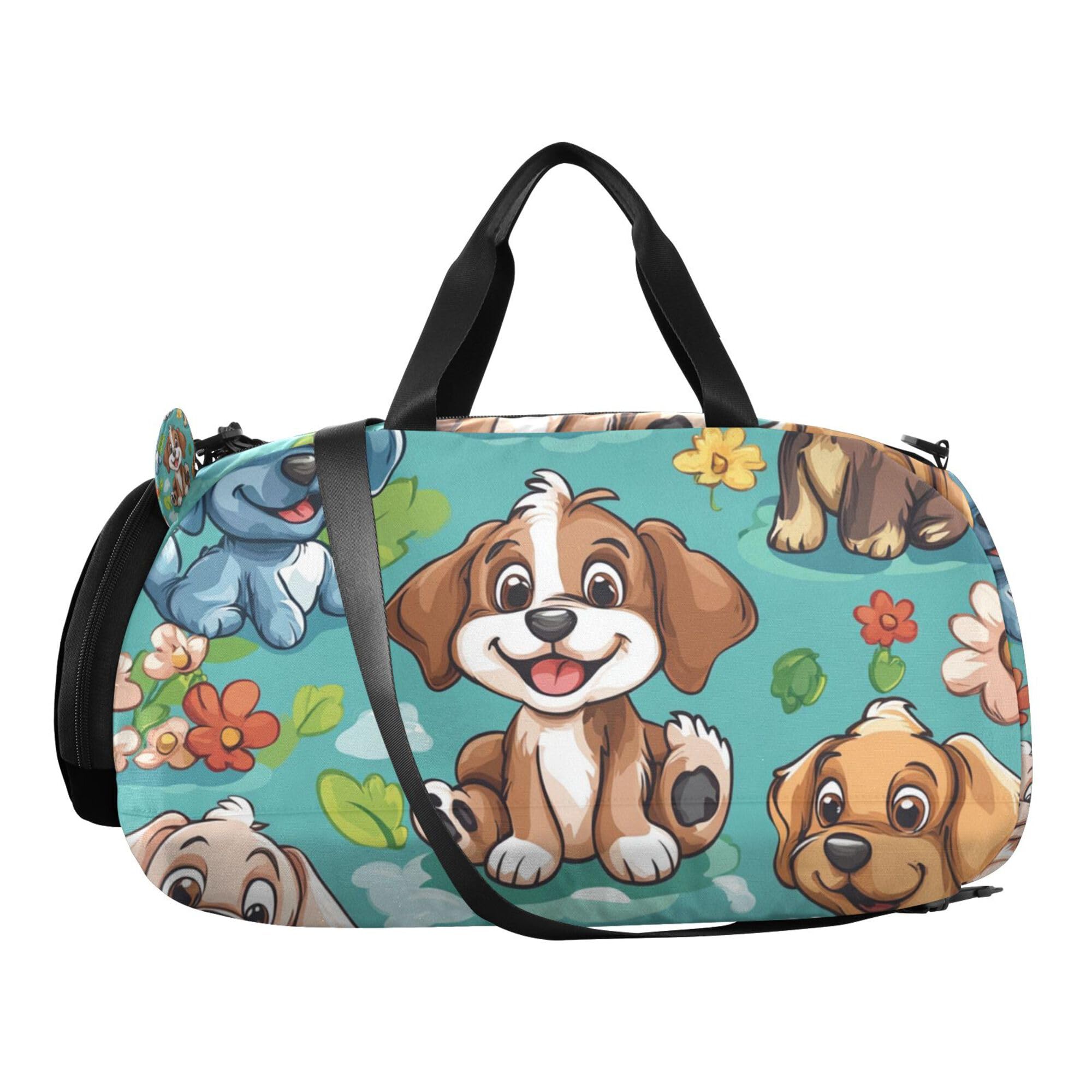 Glaphy Cartoon Dogs Animals Duffle Bag for Toddler Boys Girls, Gym Sports Bag with Shoe Compartments, Kids Travel Overnight Weekender Shoulder Bag