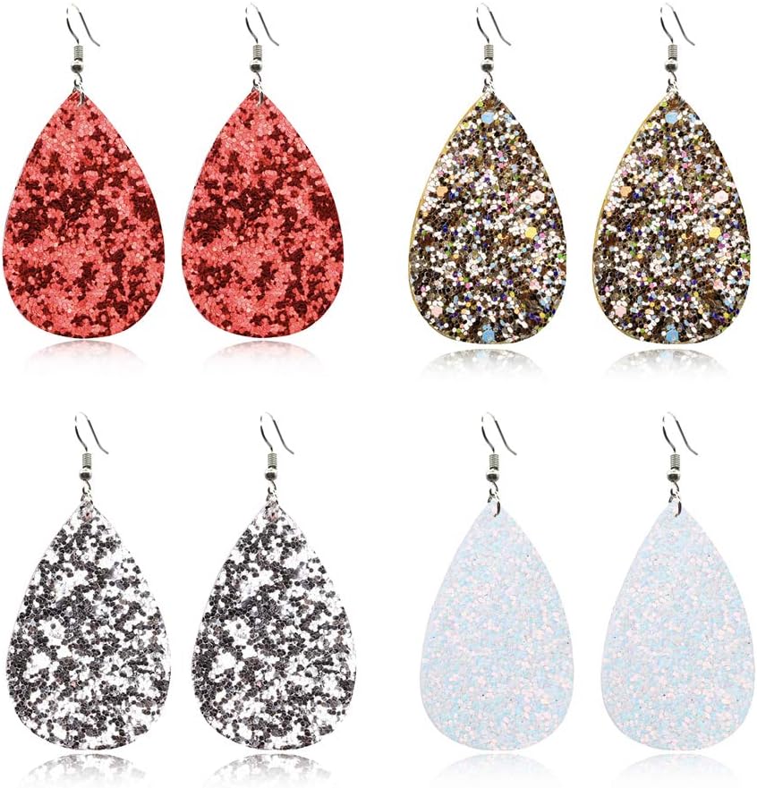 GIMEFIVE4 Pairs Leather Teardrop Glitter Sequins Earring Lightweight Leaf Drop Bohemian Hollow Earrings For Women