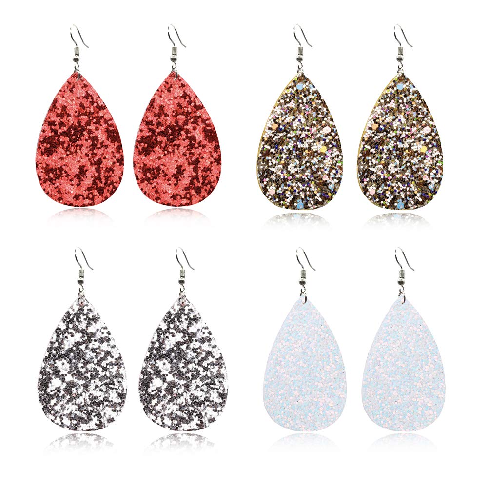 GIMEFIVE4 Pairs Leather Teardrop Glitter Sequins Earring Lightweight Leaf Drop Bohemian Hollow Earrings For Women