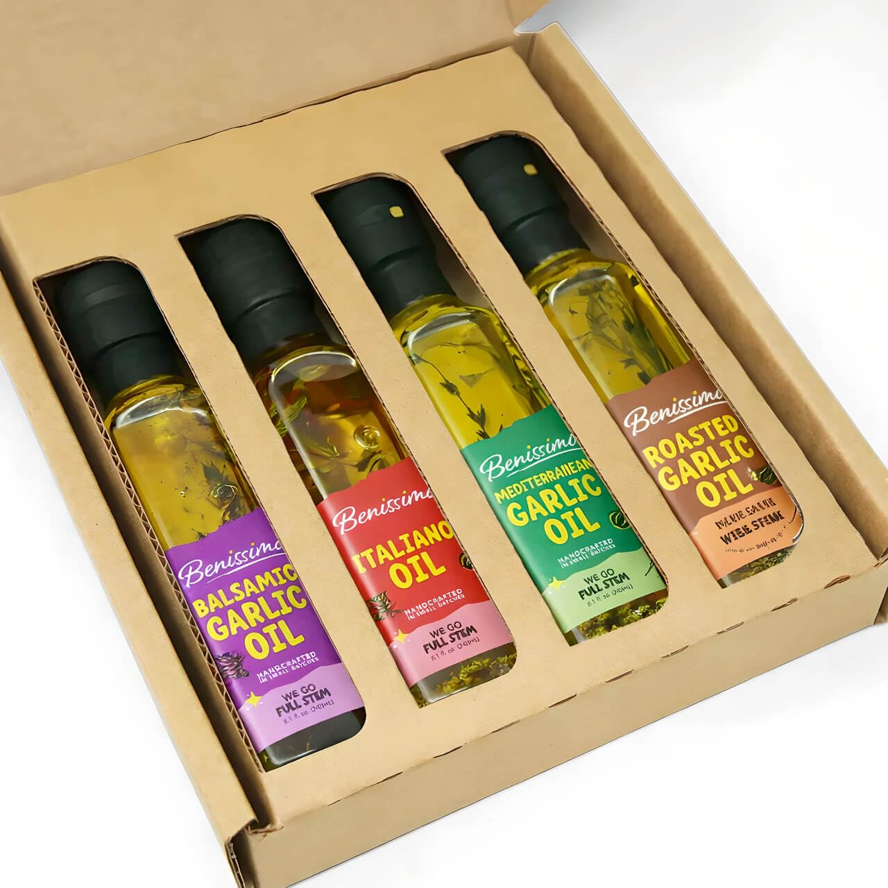 Benissimo Herb Infused Cooking Oil Chef Pack – 4 Artisan Flavored Oils: Italiano, Roasted Garlic, Mediterranean Garlic & Balsamic Garlic – Gourmet Cooking Oil Gift Set, All Natural, 8.1 fl oz Each