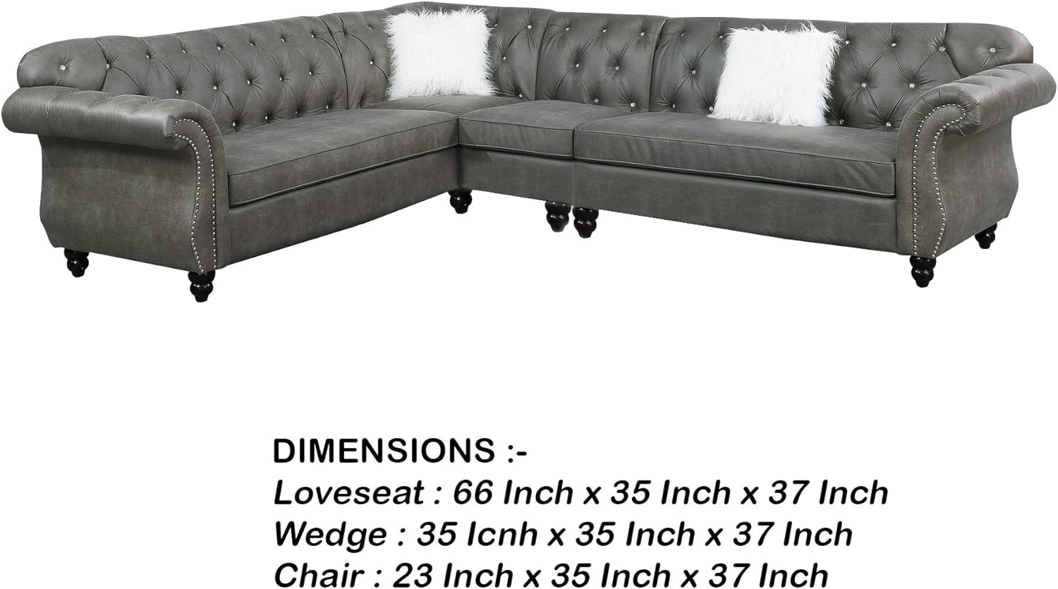 Benjara Leatherette 4 PC Sectional with Crystal Tufted Back & Rolled Arm- Gray