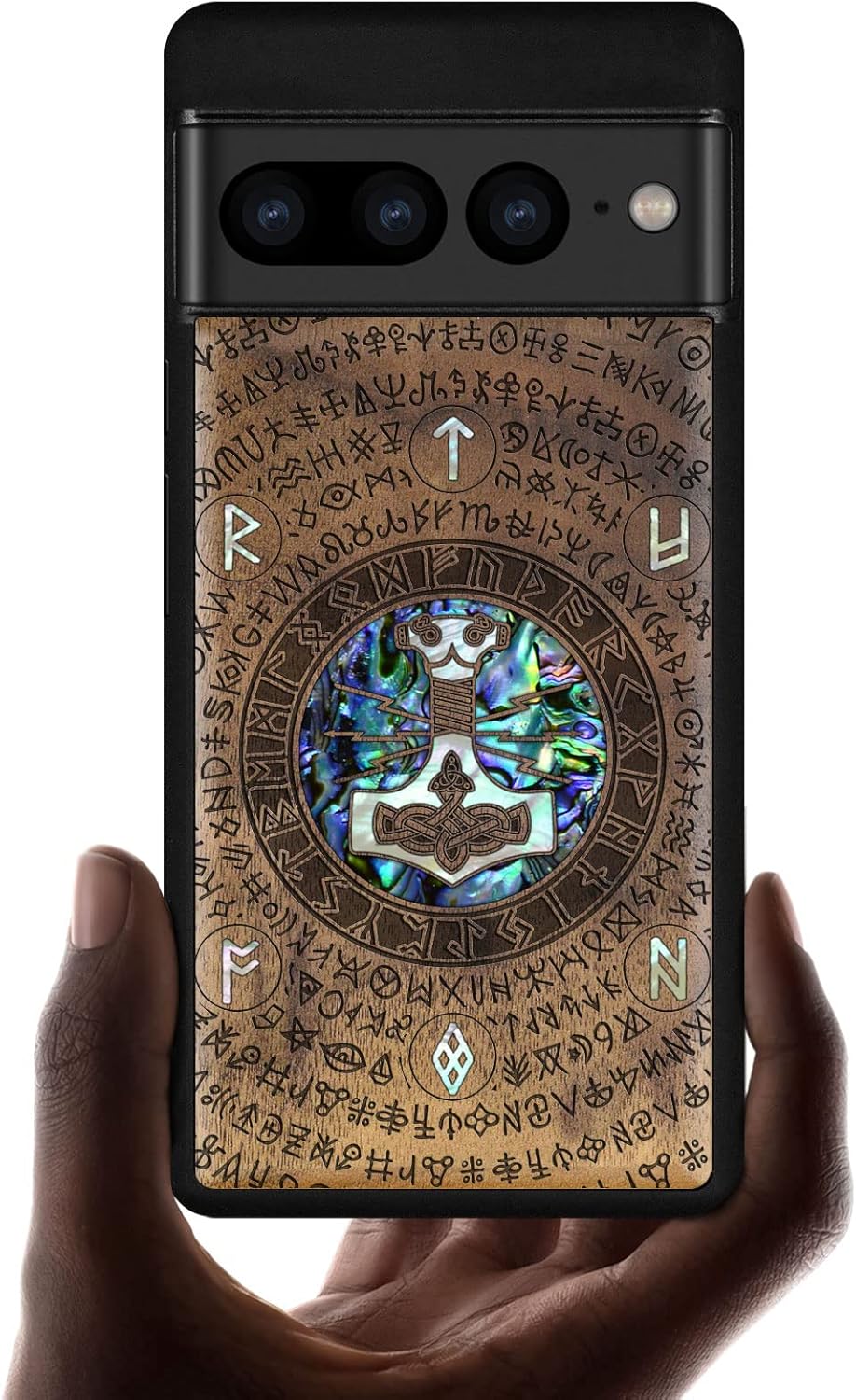 Carveit Designer Wooden Case for Google Pixel 7 Pro Case [Wood Engraving & Shell Inlay] Unique Wood Cover Compatible with Wireless Chargers Pixel 7 Pro (Thors Hammer-Walnut)