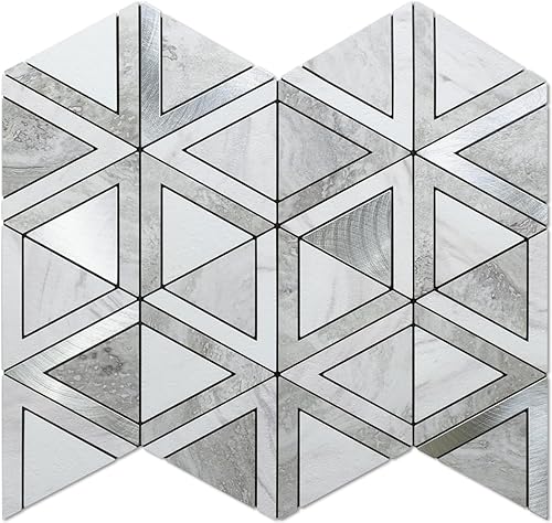 DICOFUN Azulejos de mosaico triangulares de piedra gris de 1 hoja para despegar y pegar contra salpicaduras para cocina, PVC mezclado metal plateado