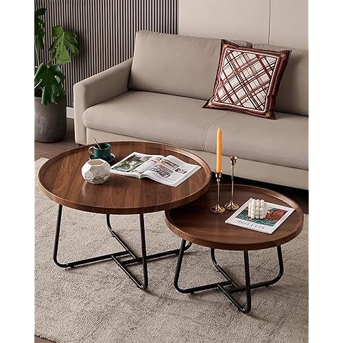 Round Coffee Tables Living Room Set of 2, Nesting Walnut Coffee Table with Fluted, End Tables for Bedroom Office Balcony Yard (28"+20" Round Walnut)