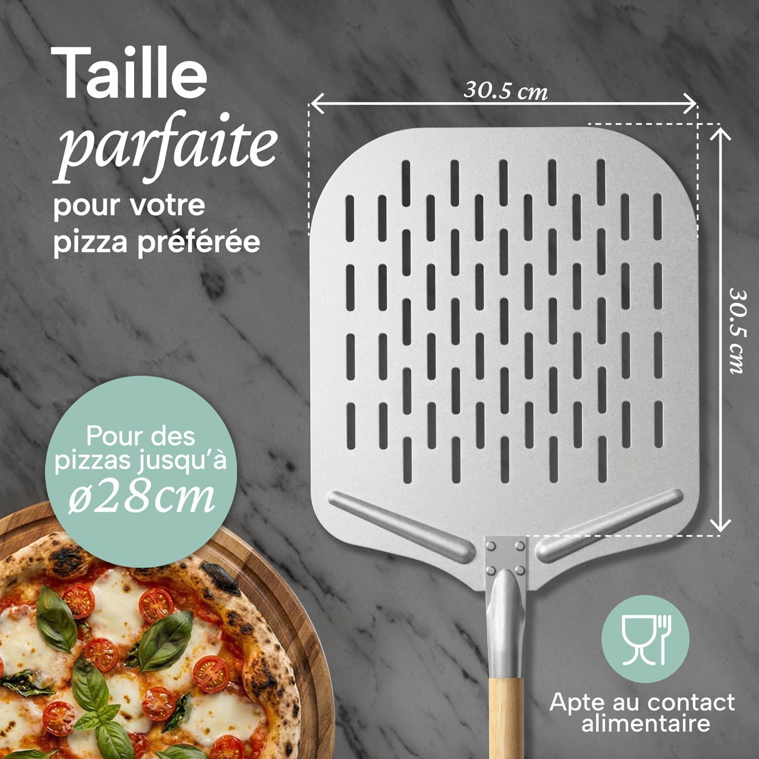 Blumtal Pelle à pizza perforée 30,5 x 30,5 cm + manche en bois 46,5 cm - Pelle à pizza perforée en aluminium antiadhésif et acier inoxydable - Pelle à pain