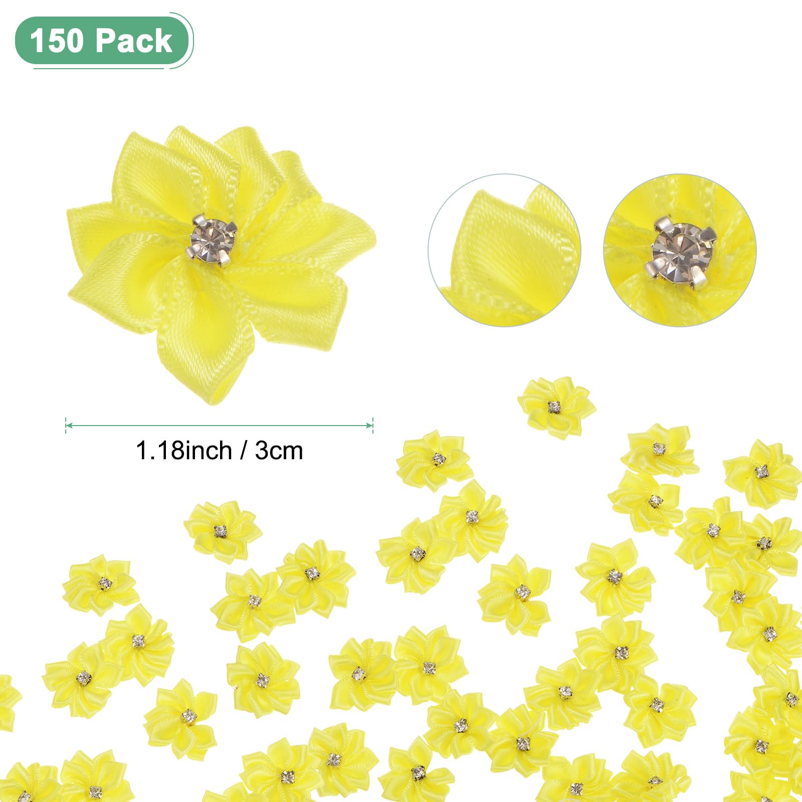 M METERXITY 150-pack Satin Ribbon Flowers, 1.2 Inch Mini Fabric Flowers with Rhinestones, Multi-purpose Occasion, Yellow - Image 3