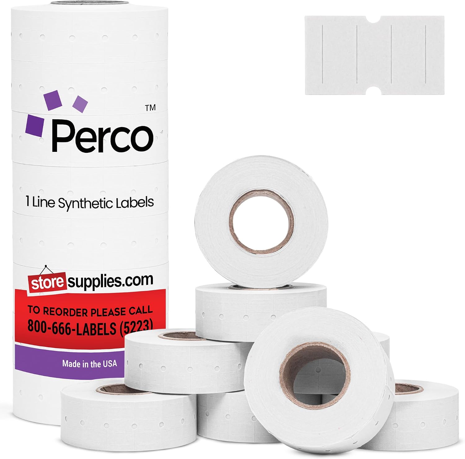 Perco 1 Line White Synthetic Labels—1 Sleeve, 8,000 Blank Labels for Perco Lite, X, Plus & Pro 1 Line Guns—Water-Resistant, Tamper-Proof, Strong Adhesive, Durable for Indoor & Outdoor Use—Made in USA