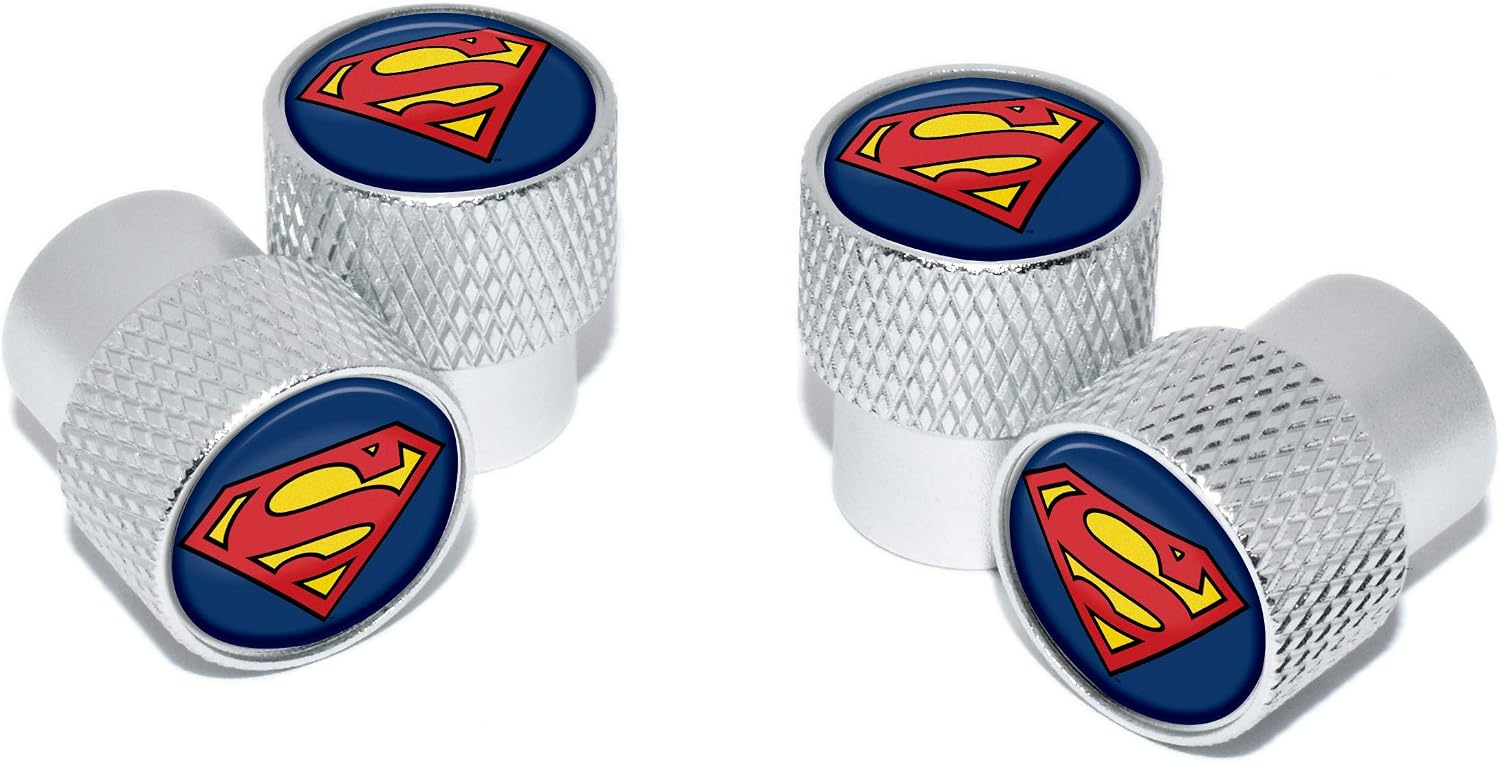 Elektroplate Superman Valve Stem Cap Universal Fit Black Knurling 4-Pack | Officially Licensed DC Comics, Corrosion-Resistant Aluminum, Fits 8 mm Tire Valve for all Vehicles, Vibrant Domed Graphics