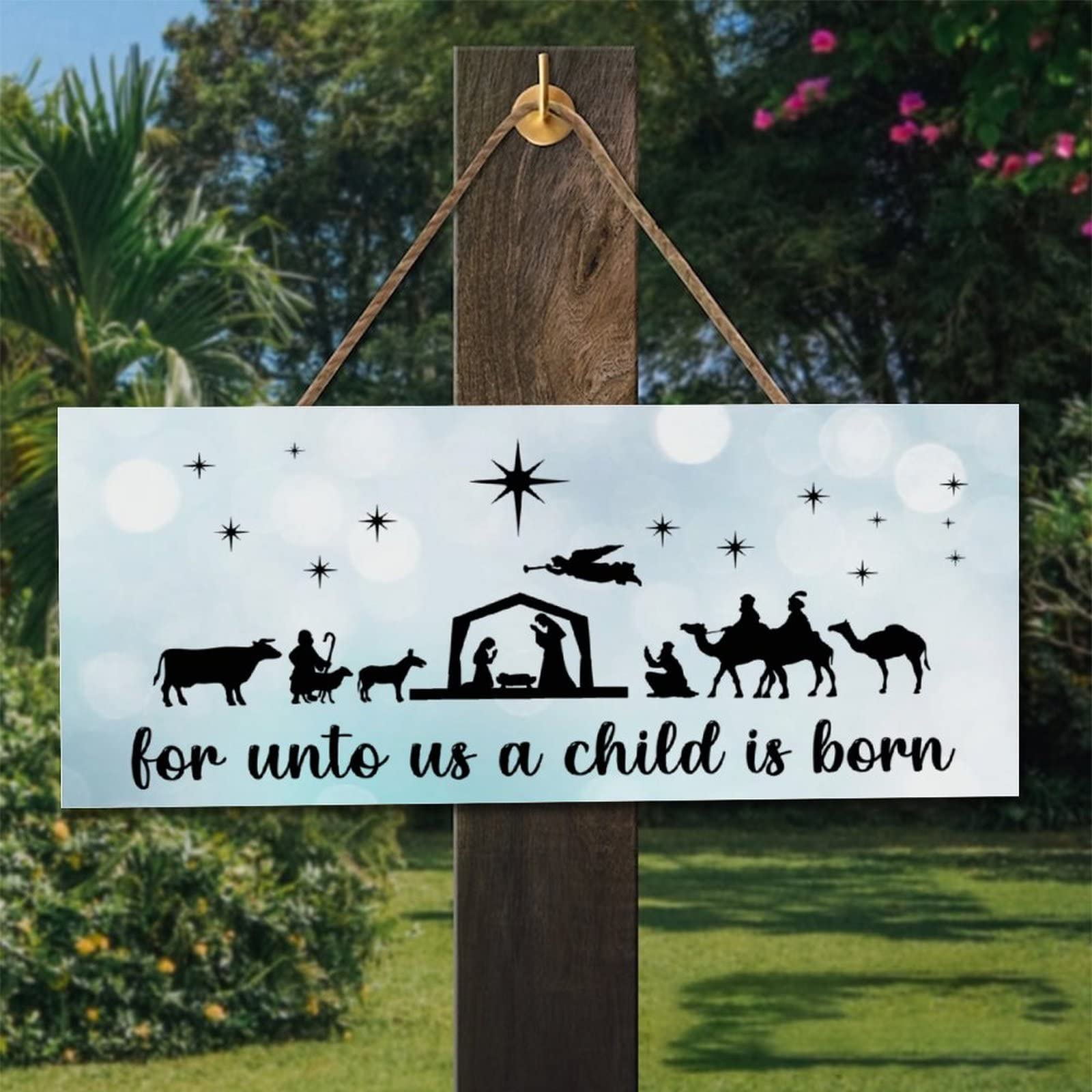 Crèche de Noël panneau en bois à suspendre déco 25x60cm