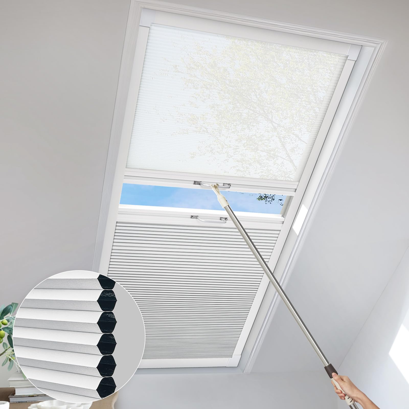 UrMoon Skylight Cellular Blinds, Blackout Honeycomb Blinds Double Sliding Sun Protection Shades Easy Fit for Roof Inclined Plane Room Windows(Clear & Blackout White, Custom Sizes)