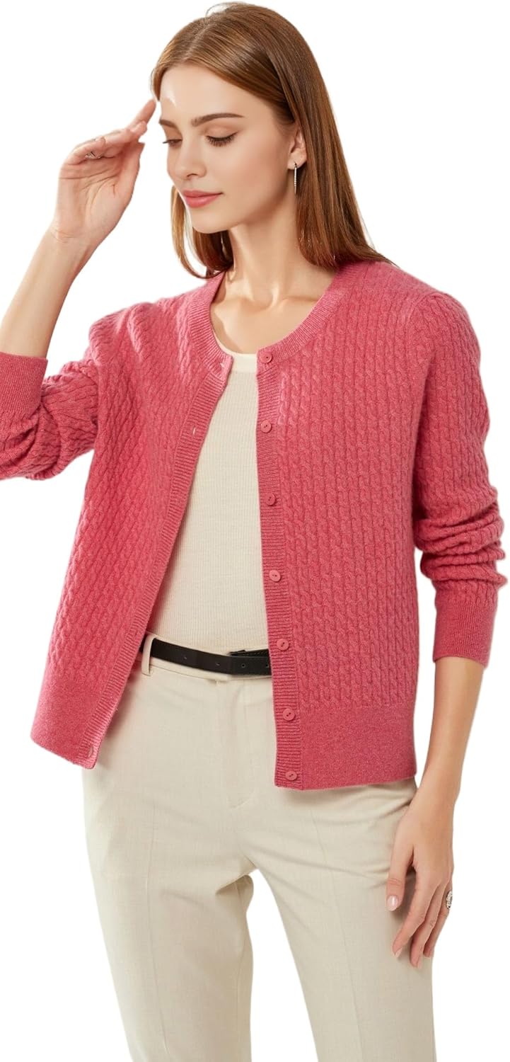 100% Cashmere Women's Cable Knit Cardigan Sweaters for Women Long Sleeve Crew Neck Warm Button Down - Image 2