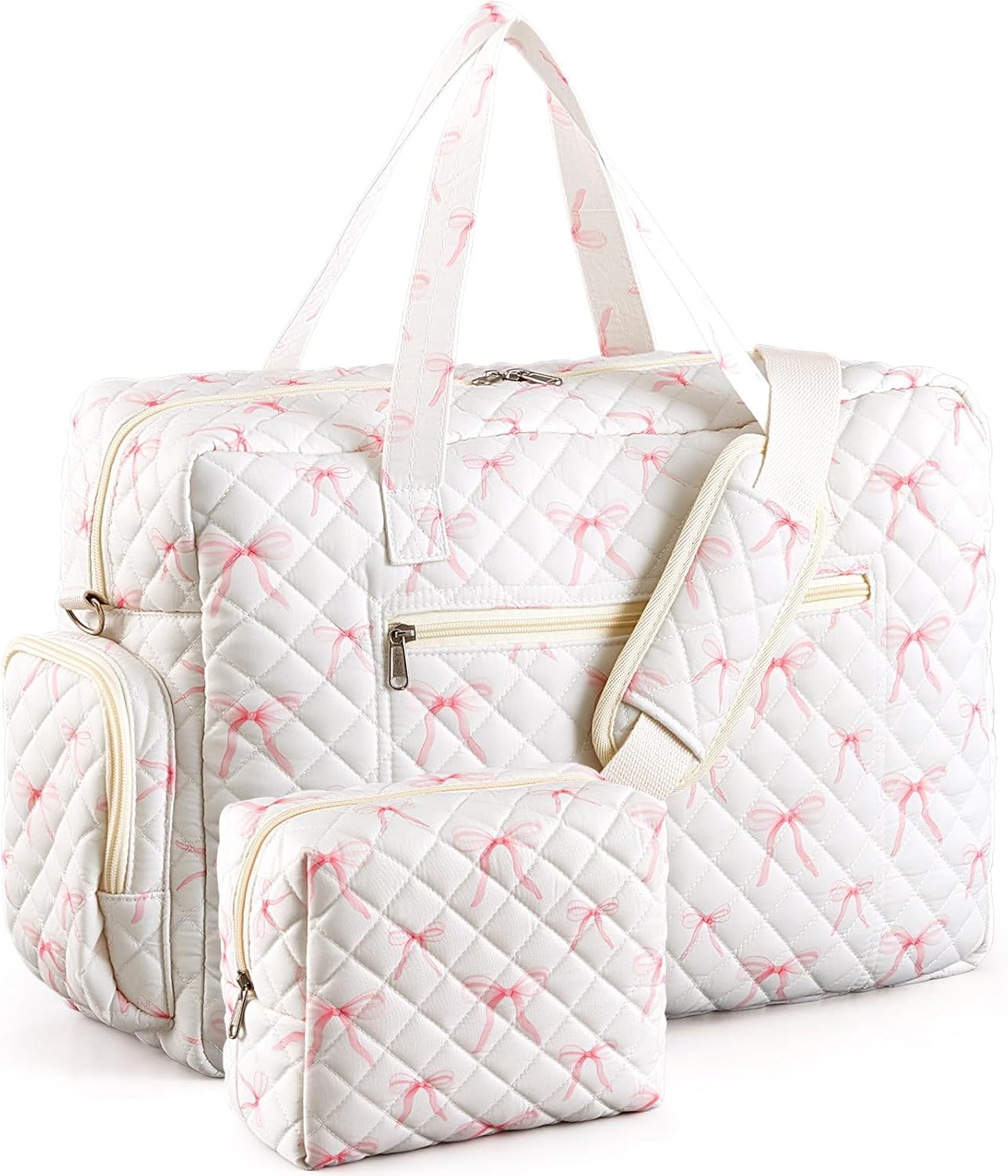 Abbylike 2 Pcs Large Quilted Duffle Bag Coquette Duffle Bag with Makeup Pouch Quilted Weekender Diaper Tote with Shoe Compartment for Women Travel Hospital