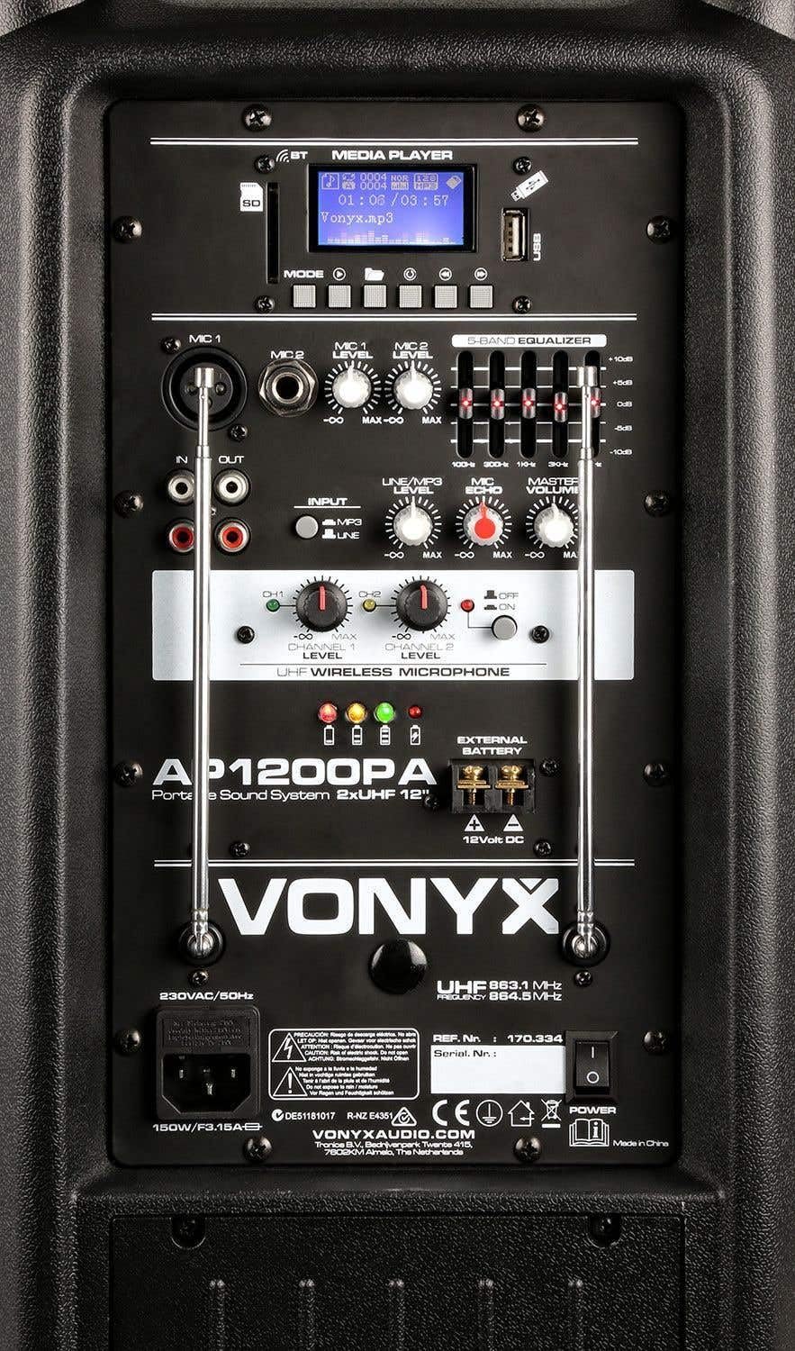 Vonyx AP1200PA Enceinte Sono Portable avec Micros sans Fil - 600W Max, Bluetooth, USB/SD/MP3, Boomer 12", Batterie Intégrée, avec Poignée Télescopique et roulettes pour Les Déplacements