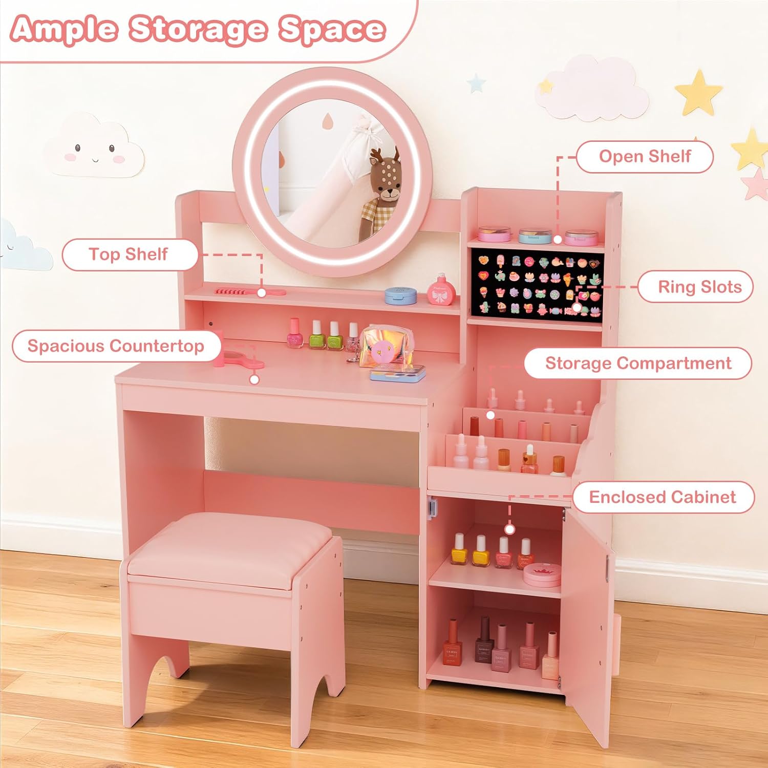 INFANS Kids Vanity with Lights, Princess Makeup Desk with Mirror Storage Shelves, Toddler Table and Chair Set Pretend Play for Girls Aged 4-9