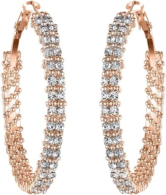Gemini Womens Rose Gold Plated Crystal Big Large Round Hoop Earring Gm008RG, Size 5cm, Color Rose Gold 1.5 inches