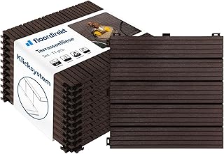 Floordirekt Fliesen 30x30 cm, 1m² = 11 Terrassenfliesen, Klickfliesen, Balkonfliesen in Holzoptik - Bodenbelag für Balkon & Terrasse - wetterfest mit Drainagefunktion | Braun | Claire