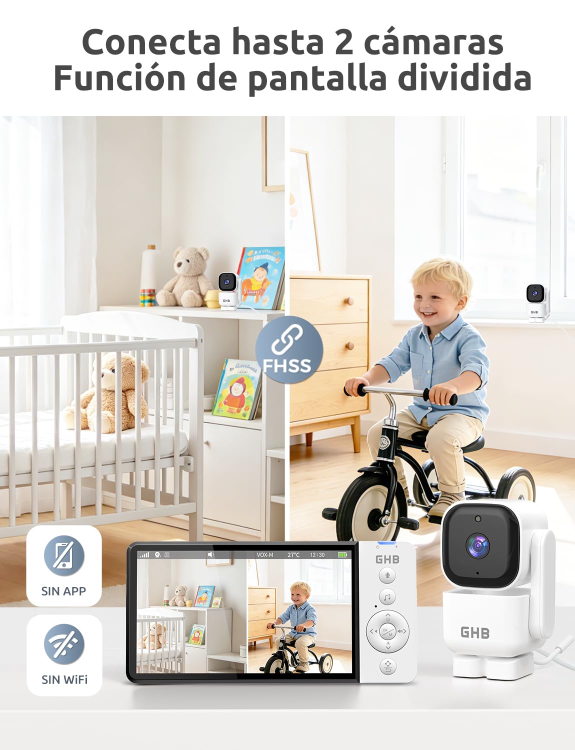 GHB Camara Vigilancia Bebe 5" 720P HD IPS Rotación de 350° Duración 7X 24 Horas Vigilabebes con Camara Visión Nocturna Comunicación Bidireccional Escucha Bebes VOX 4xZoom