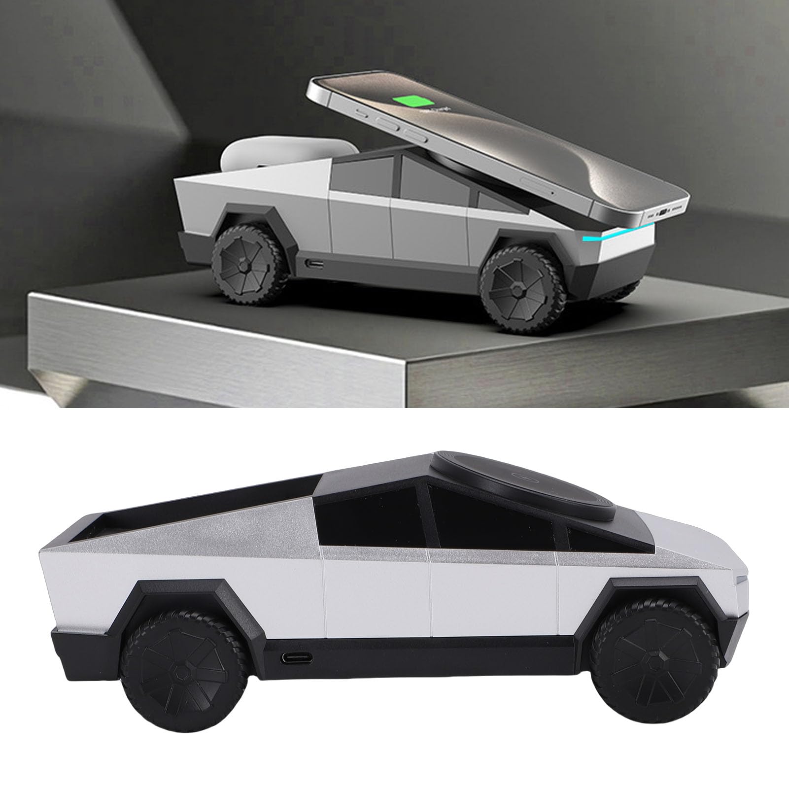 Lazmin112 Estación Carga Inalámbrica 3 En 1, Modelo Coche Escala 1:25, Cargador con Rotación Automática y Luz Ambiental, Estación Carga Magnética, para Teléfono, Reloj y Auriculares (Silver)