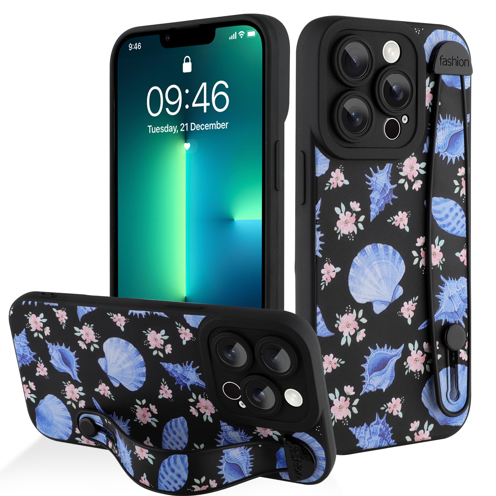 Coque silicone iPhone 13 Pro sangle anti-chute motif fleurs - 7