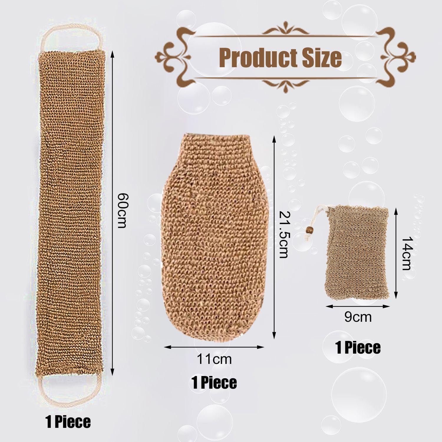 1 Jute Bath Towel with 1 Jute Shower Glove, 1 Jute Soap Bag, Exfoliation Gloves, Back Scrubber, Bathroom Accessories, Extra Long Exfoliation Towel, Body Exfoliation Brush - Image 2