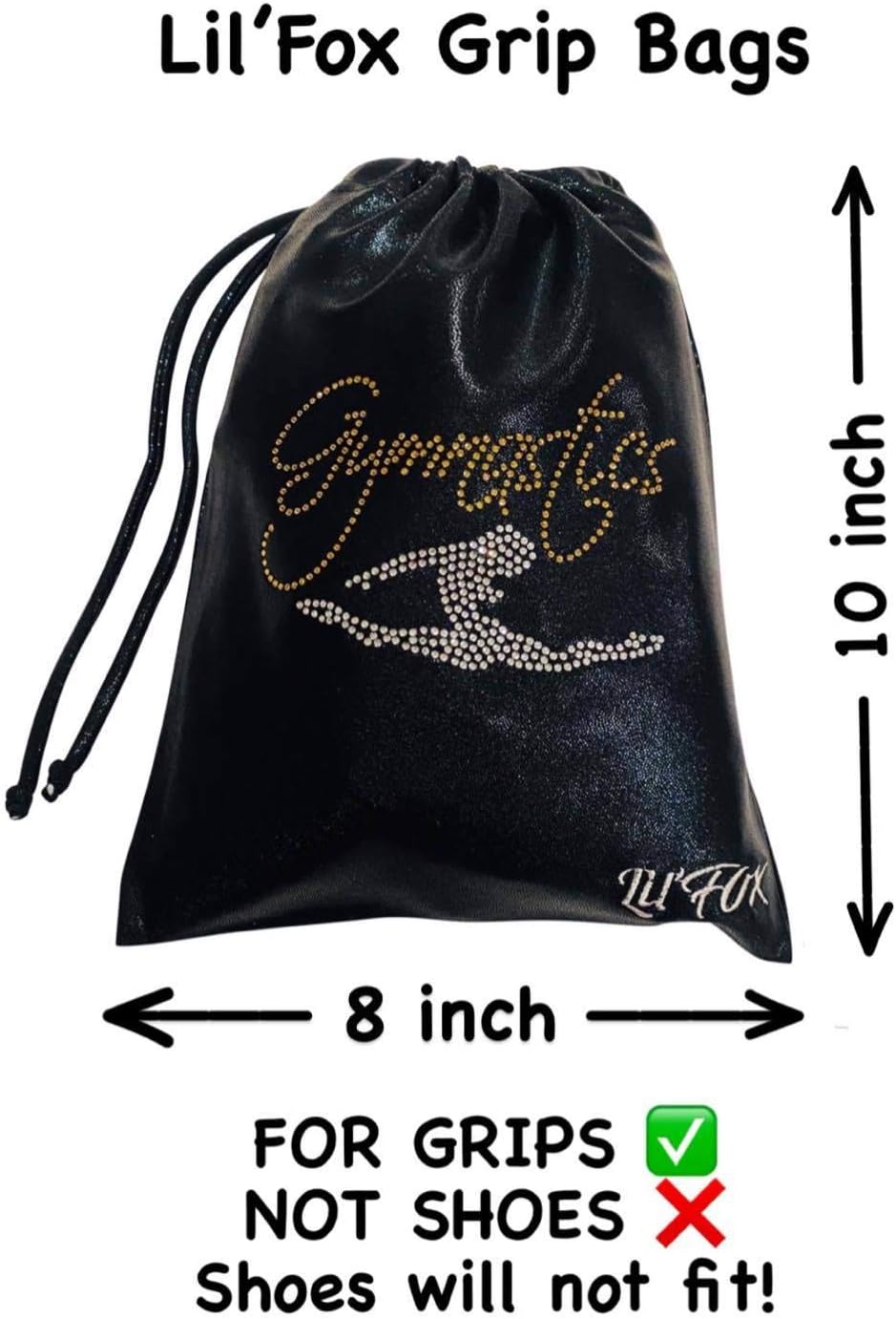LIL'FOX 8"x10" Drawstring Gymnastics SMALL GRIP BAG 26x20cm - Lightweight Bag for Personal Equipment - Shiny Foil Rhinestones