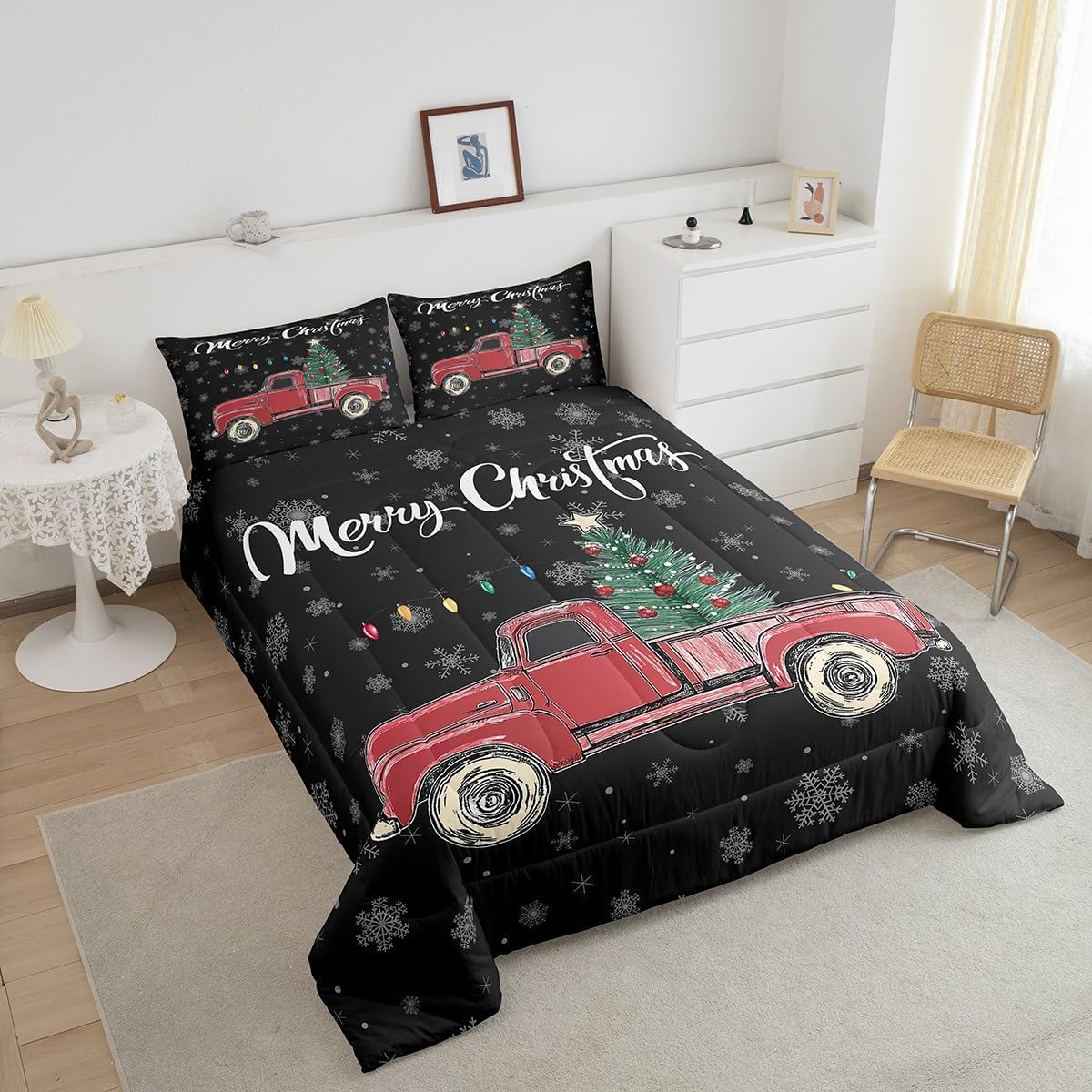Castle Fairy Merry Christmas Theme Kids Comforter Set Full,Xmas Tree Red Truck Snowflake Watercolor Graffiti Print Bedding Set for Boys Girls Teens Bedrrom Decor,Farmhouse Vintage Rustic Quilt 3 Pcs