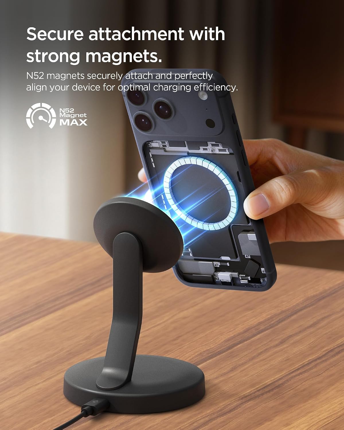 Secure magnetic attachment of phone to charger