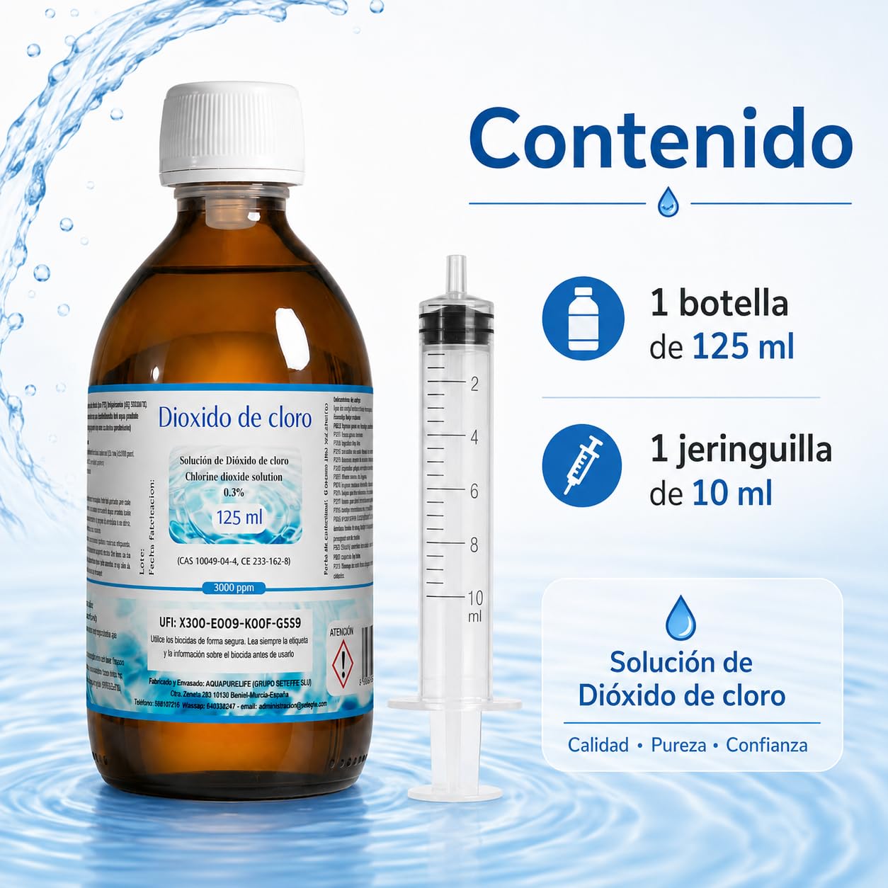 Dioxido de Cloro 3000ppm - CDS 0,3% - Envasado en Botella Cristal Ambar - Fabricado en España (125ml)