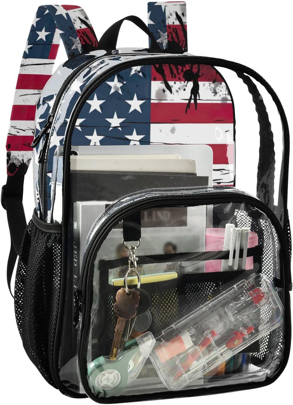 American Flag Clear Backpack with Back Print, Heavy Duty See Through Backpacks PVC Transparent Daypack for Travel Security