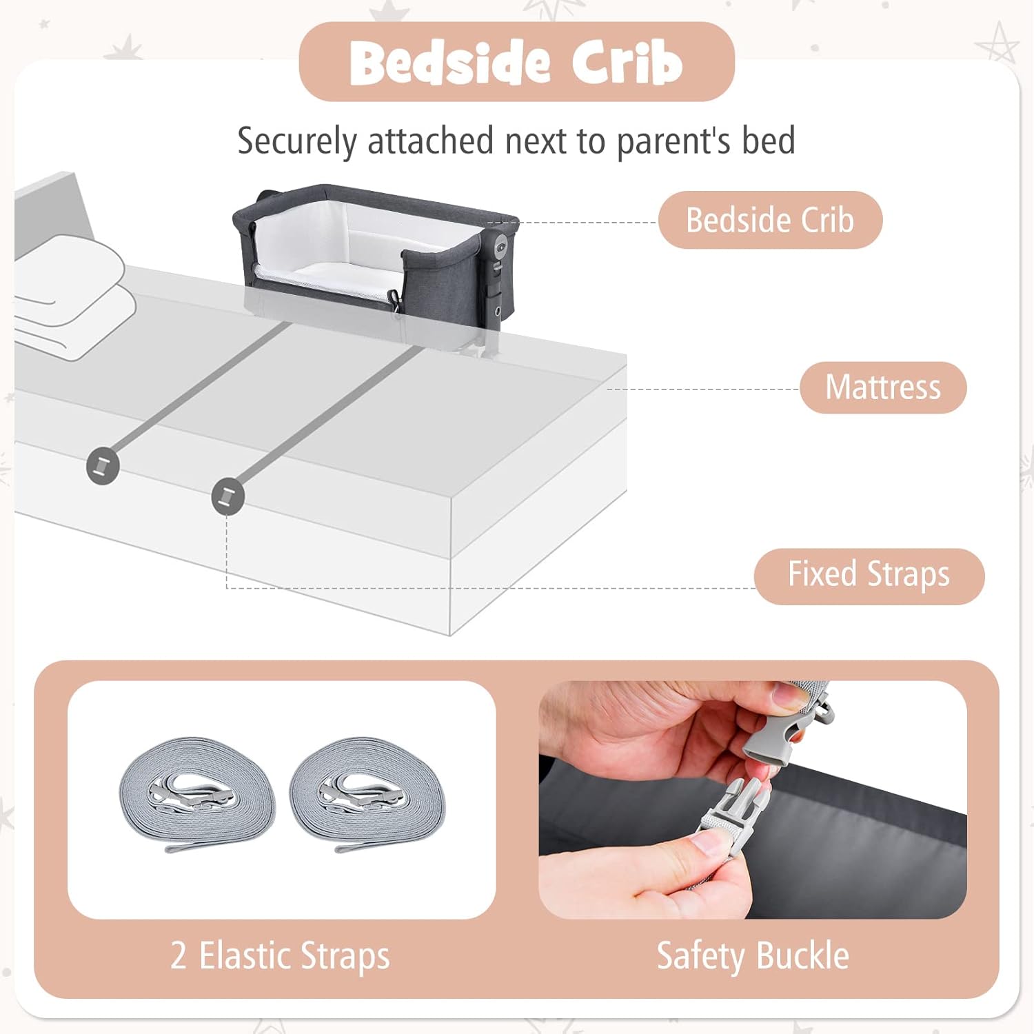 HONEY JOY Portable Baby Bassinet, 3-in-1 Bedside Sleeper Cradle w/Soft Mattress & Storage Basket, Newborn Infant Travel Crib w/ 7-Level Adjustable Height, 4 Lockable Wheels & Carry Bag (Gray)
