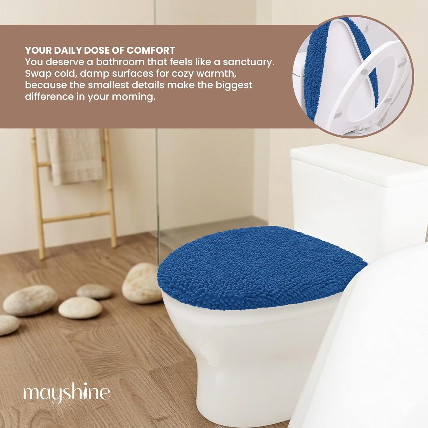 MAYSHINE Toilet Lid Cover - Dark Blue, Plush Microfiber Oval Toilet Seat Covers for Bathroom, Machine Washable Elongated Toilet Cover Seat, Stretches up to 21"x19"