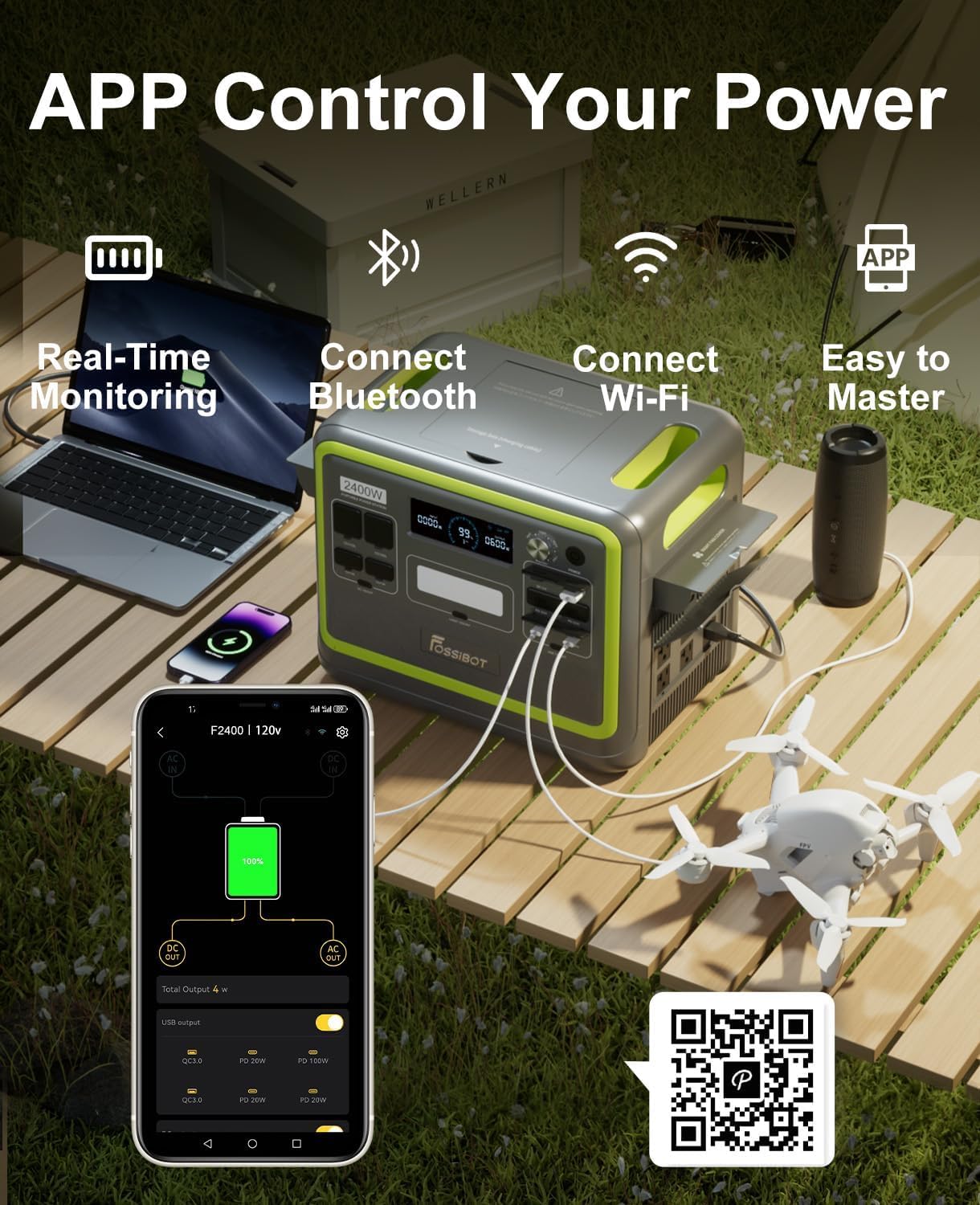 FOSSiBOT F2400 Powerstation mit 200W Solarpanel, Solargenerator 2048Wh LiFePO4 Batterie 230V 2400W 3AC Ausgängen (4800W Peak), Mobile Stromerzeuger für Camping/Reise/Zuhause/Notfall usw