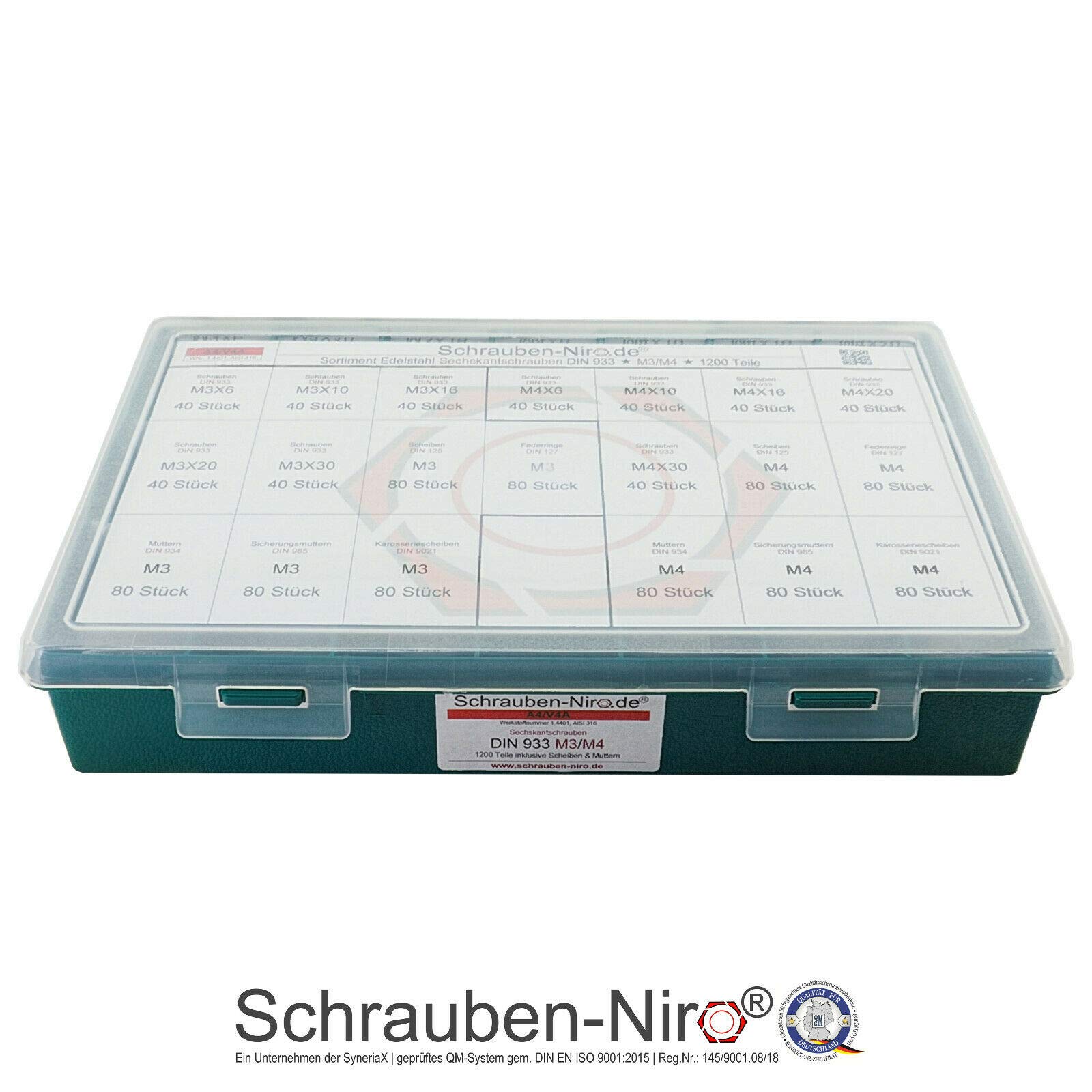 Sortiment M3 + M4 DIN 933 Edelstahl A4 (V4A) Sechskantschrauben mit Gewinde bis Kopf - Set bestehend aus Schrauben, Unterlegscheiben (DIN 125, 127, 9021) und Muttern (DIN 934, 985) - 1200 Teile