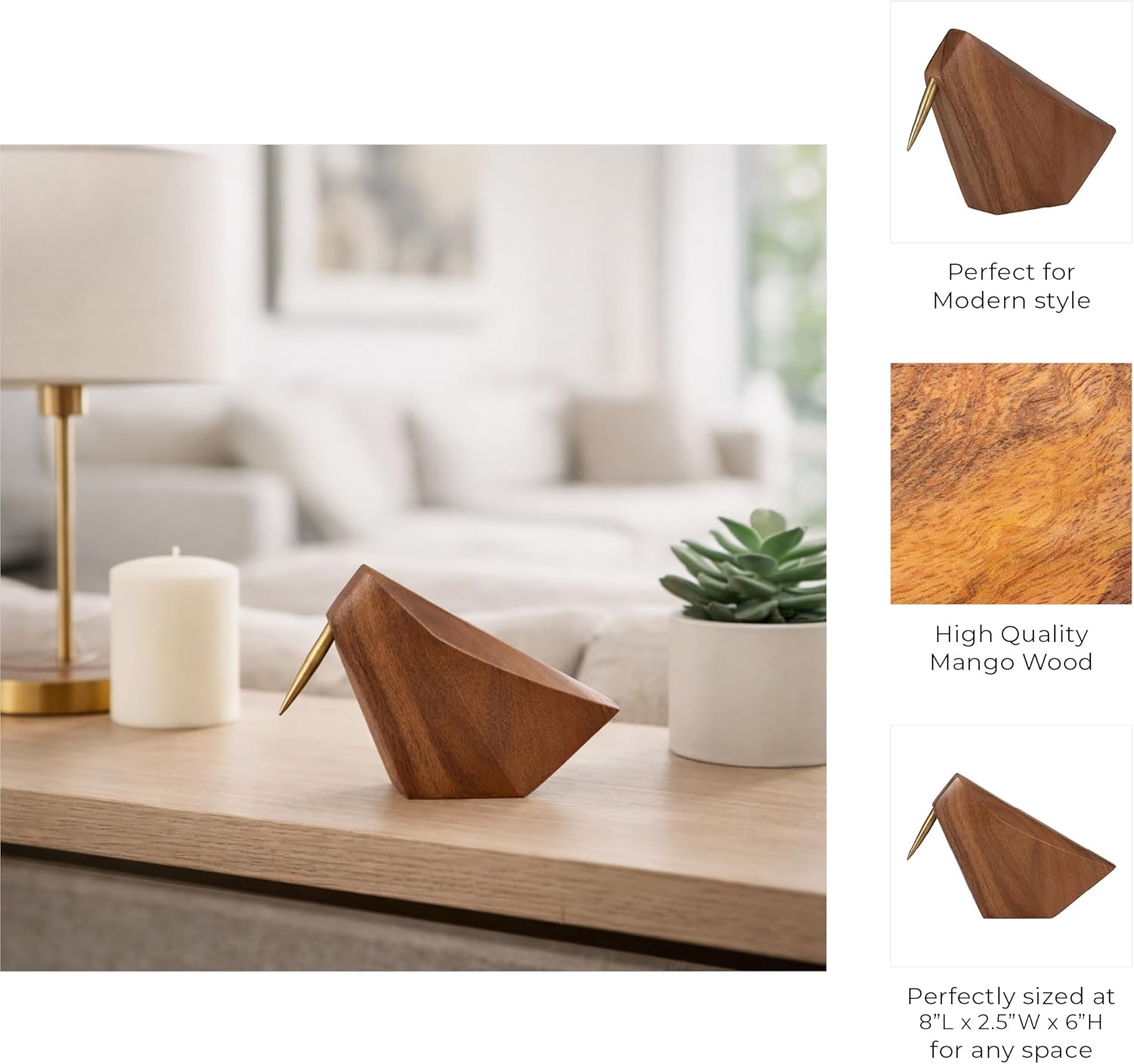 Contemporary Wood Sculpture Accent for Home Decor Styling - Ornaments for Bathroom, Office, Room and Living Room Display - Modern Figurine for Shelf or Coffee Table Arrangement - 6", Brown