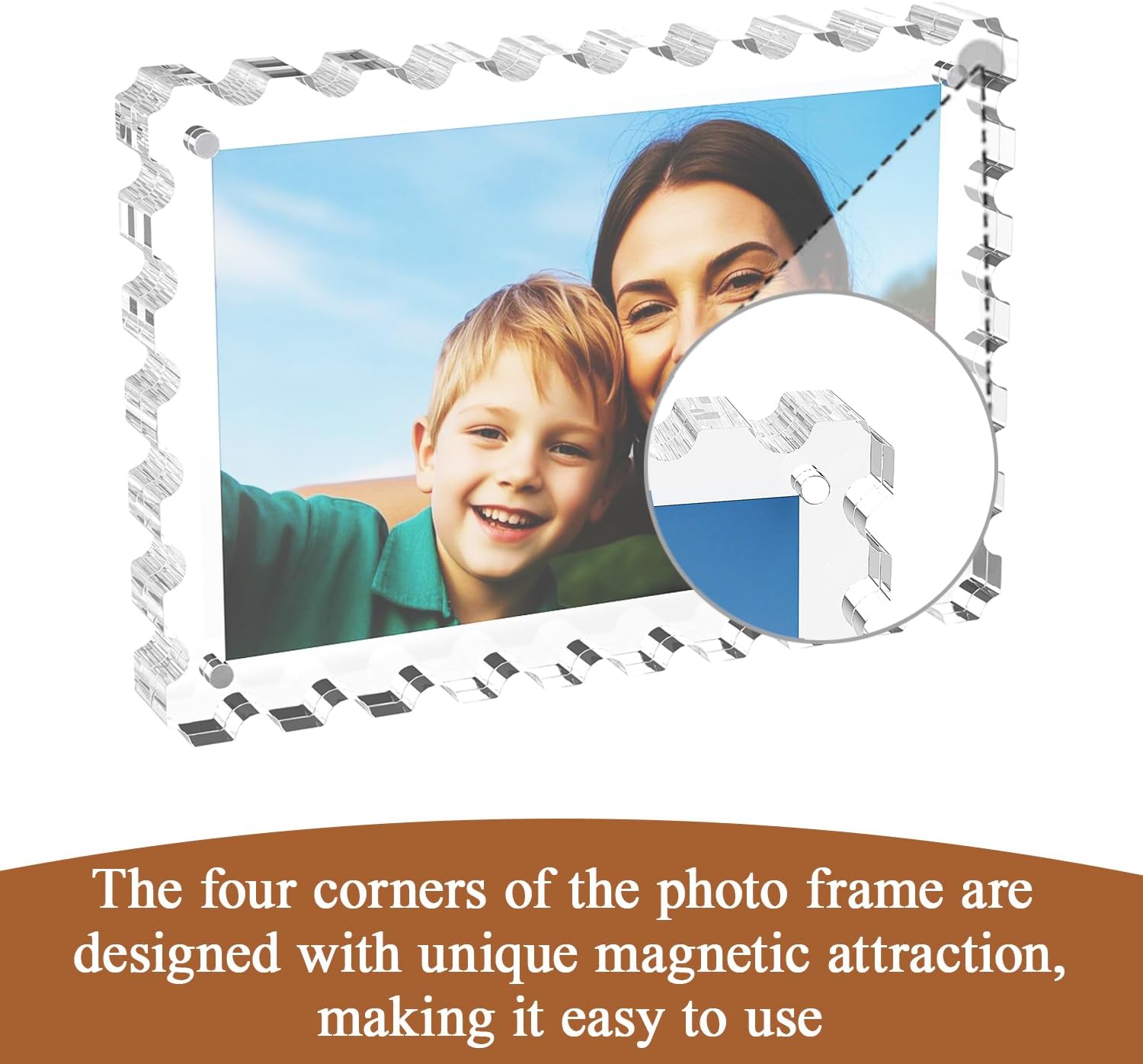 LUGUNU 3 Pack Magnetic Scalloped Acrylic Picture Frames, 5x7 4x6 4x4 Inch Double Sided Photo Frame Set, 20mm Thick Clear Block Freestanding Display for Desk Shelf Home Office, UV Protection Gift