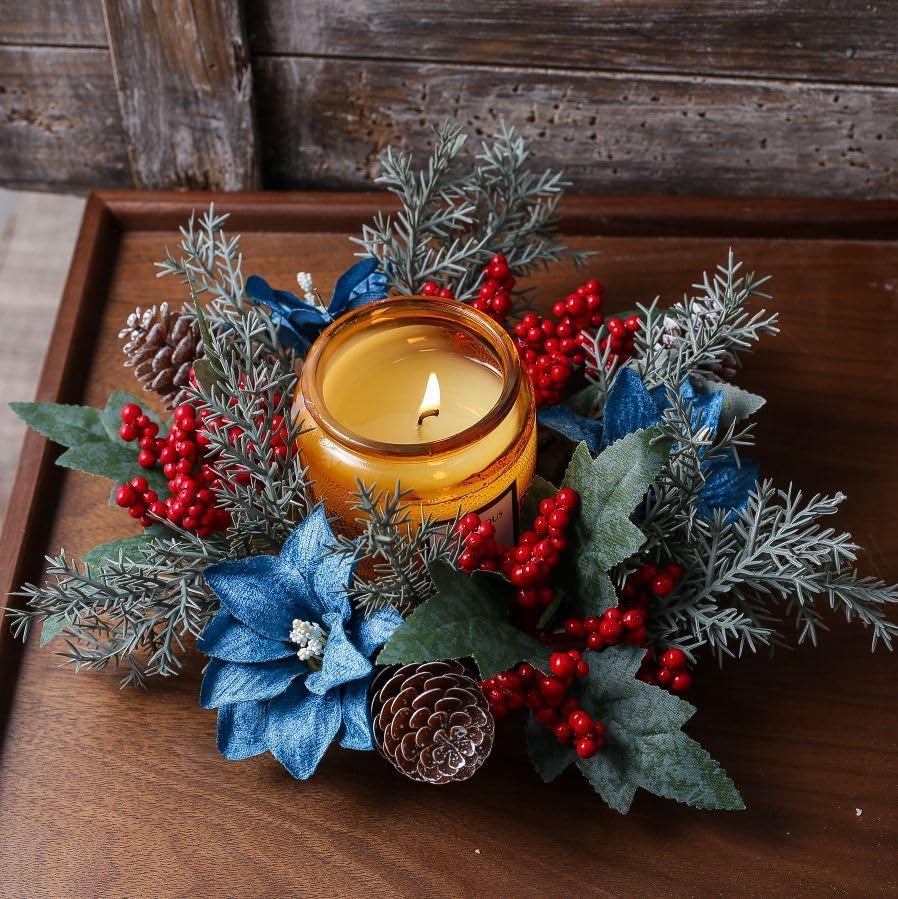 Christmas Candle Ring Wreaths Poinsettia Berries Pinecones Candle Ring Holder for Christmas Table Centerpiece Window Chair Wall Décor (Blue)