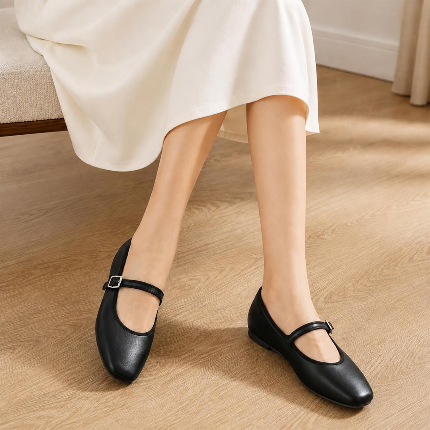 Women's Square Toe Mary Jane Ballet Flats Shoes with Adjustable Strap