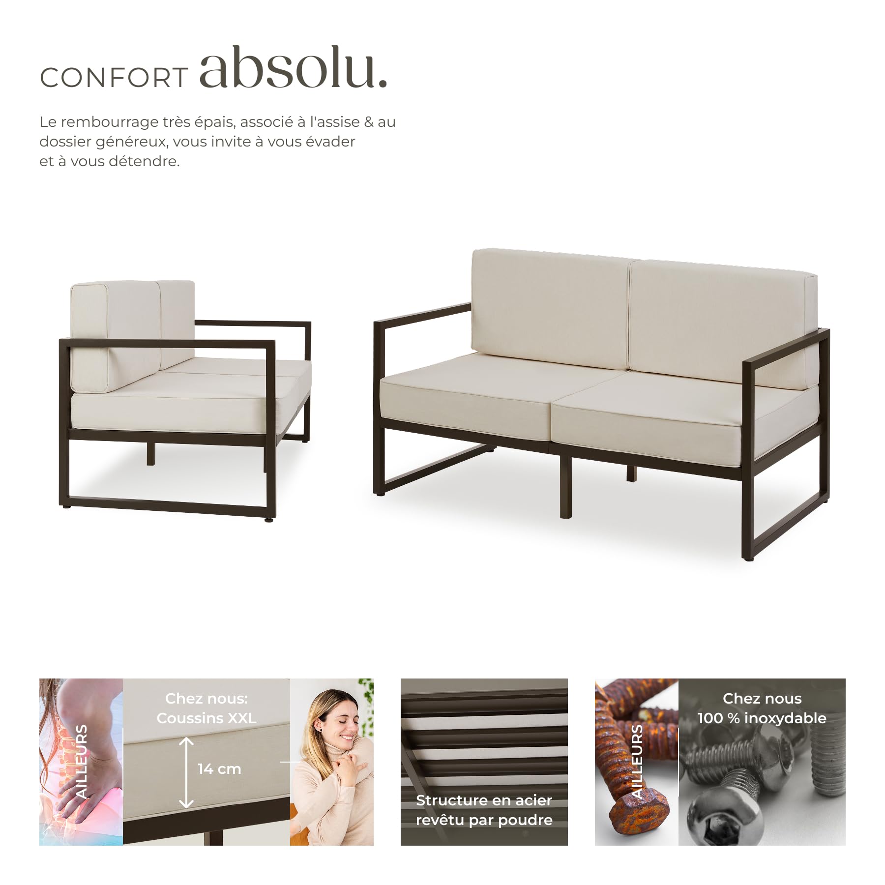 tectake® Salon de Jardin Exterieur Canapé 2 Places Banquette de Jardin Coussins épais Inclus Cadre en Acier laqué époxy Mobilier Canape Exterieur Amenagement Balcon Terrasse Veranda Maison