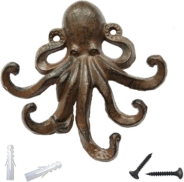 Rustic Brown Cast Iron Octopus Hooks,Key Hooks,Sea Theme Hook,Coastal Hook,Antique Old Shabby Chic Cast Iron Hooks, Decorative Swimming Octopus Tentacles Key Hook Matching Screws Included