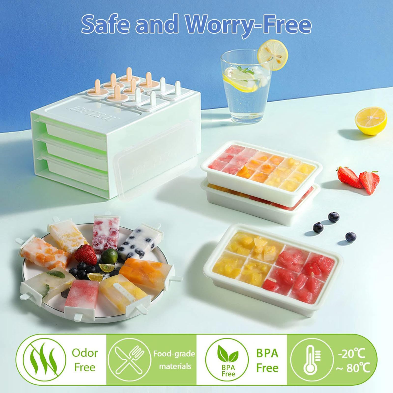 VIDECOR Bandeja Cubitos Hielo Paquete 3 Moldes Paletas Juego 10 Piezas, Bandejas Cubitos Hielo Silicona Liberación Fácil Congelador Tapa Cubierta, Moldes Paletas Gratis Palitos