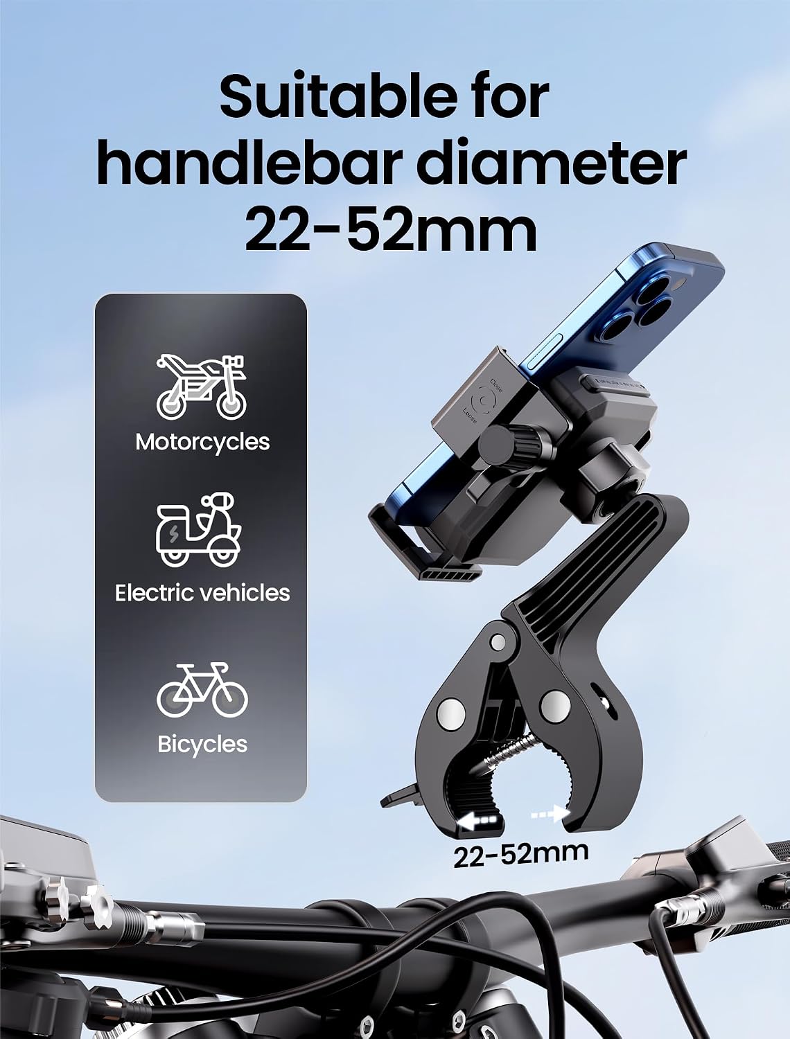 Bike Phone Holder, Geyrut Handlebar Phone Mount [No Block Camera] for Electric Scooter Mountain Dirt Bike and Motorcycle Compatible with 4.7''-7.1'' Smart Phone