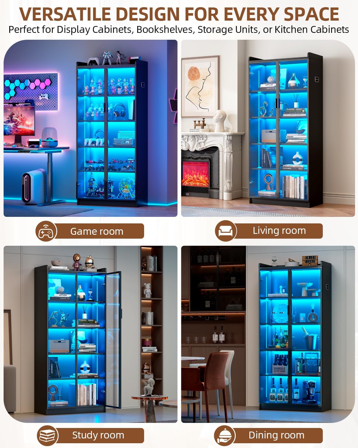 Dystler Display Cabinet with Glass Doors and Shelves, 65" Tall Curio Cabinet with LED Lights/Human Sensor, 5 Tier Display Case for Collectibles Office, Black